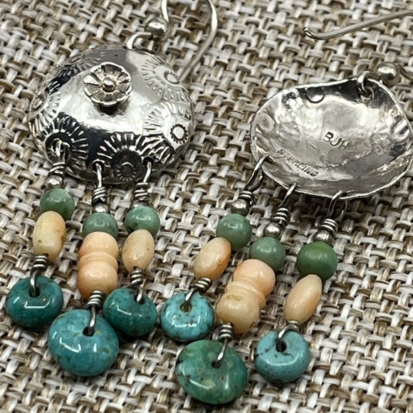 90's Handmade Sterling Silver Shell & Floral Dangle Earrings with Turquoise - Picture 12 of 15